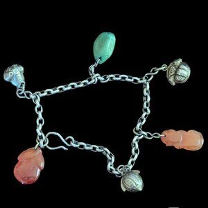 Silver Charm Bracelet Chain Link Asian Totem Gemstone Buddha 9” Vintage Boho